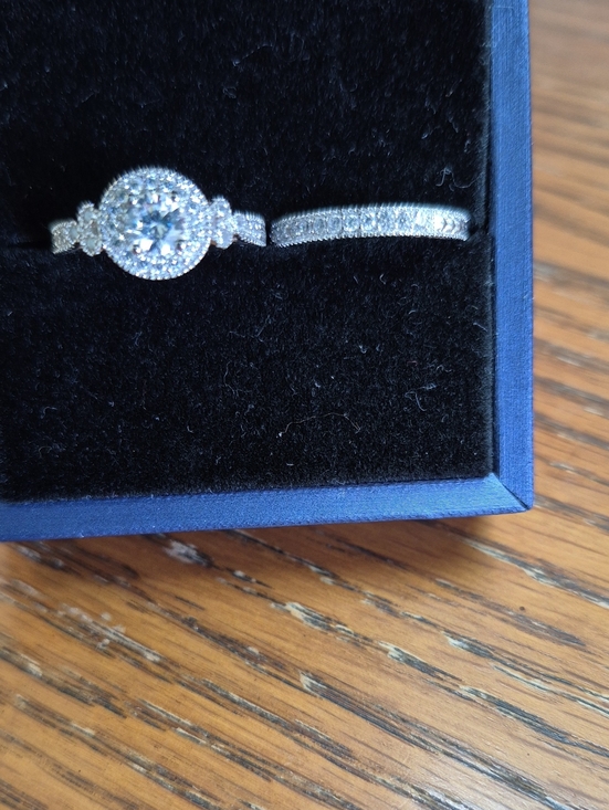 Jewelry - Sterling Silver White Halo Engagement Ring with Matching Band,.925, Moissanite